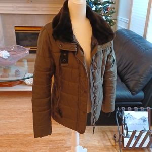 S 13/NYC Puffer Jacket Size Med, Olive Green with Faux Brown Fur Collar